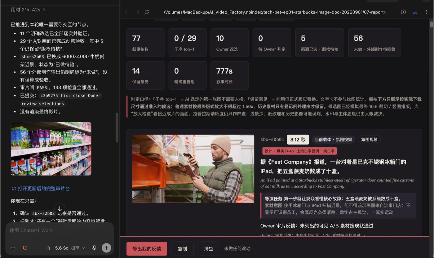 作者展示的剪辑台／审片台界面：左侧 Codex 对话，右侧逐拍审片报告